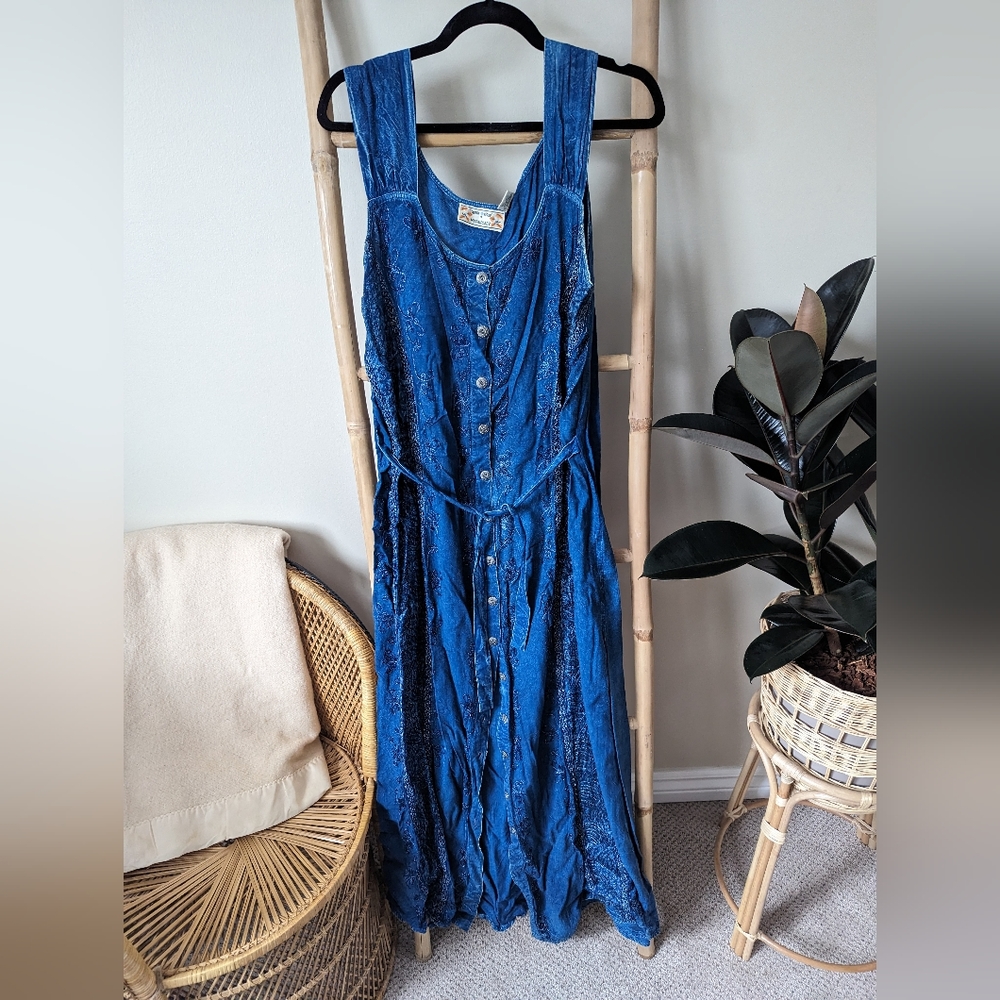 90s Vintage indigo blue denim buttondown summer dress